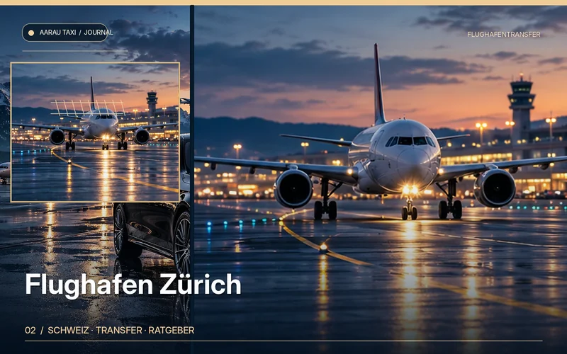 Redaktionelle Bildkomposition zum Thema Flughafentransfer Zürich ab Aarau & Olten: Der Guide; illustrative Motive, keine Abbildung einer bestätigten Fahrzeugflotte oder Fahrt.