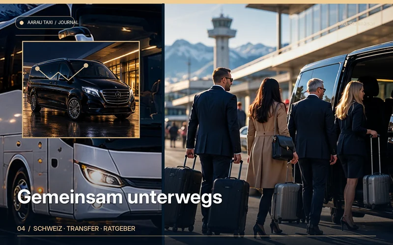 Redaktionelle Bildkomposition zum Thema Gruppentransfer in Aarau & Olten: Van, Minibus oder Bus?; illustrative Motive, keine Abbildung einer bestätigten Fahrzeugflotte oder Fahrt.