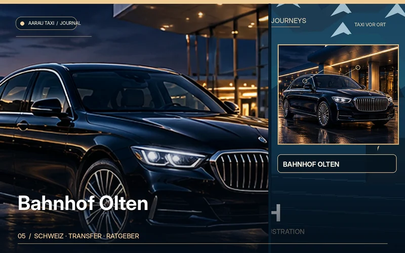 Redaktionelle Bildkomposition zum Thema Taxi am Bahnhof Olten: Abholung und Treffpunkt planen; illustrative Motive, keine Abbildung einer bestätigten Fahrzeugflotte oder Fahrt.