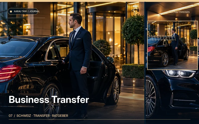 Redaktionelle Bildkomposition zum Thema Business-Transfer Aarau–Olten: Geschäftstermine planen; illustrative Motive, keine Abbildung einer bestätigten Fahrzeugflotte oder Fahrt.