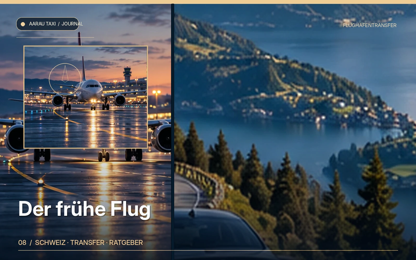 Redaktionelle Bildkomposition zum Thema Frühflug ab Aarau oder Olten: Flughafentransfer planen; illustrative Motive, keine Abbildung einer bestätigten Fahrzeugflotte oder Fahrt.