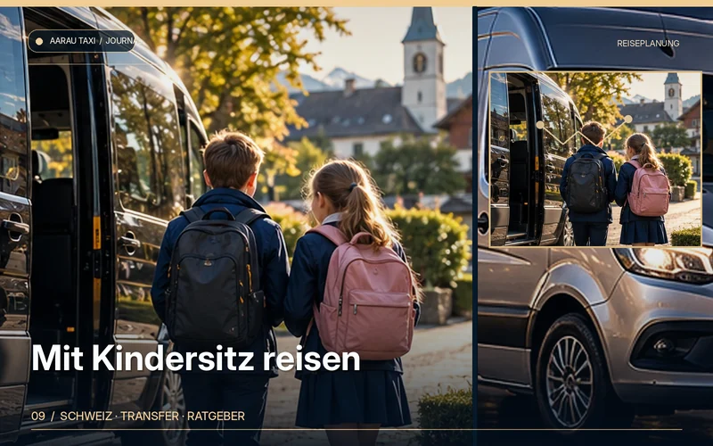 Redaktionelle Bildkomposition zum Thema Kindersitz im Taxi Aarau & Olten: So planen Familien; illustrative Motive, keine Abbildung einer bestätigten Fahrzeugflotte oder Fahrt.