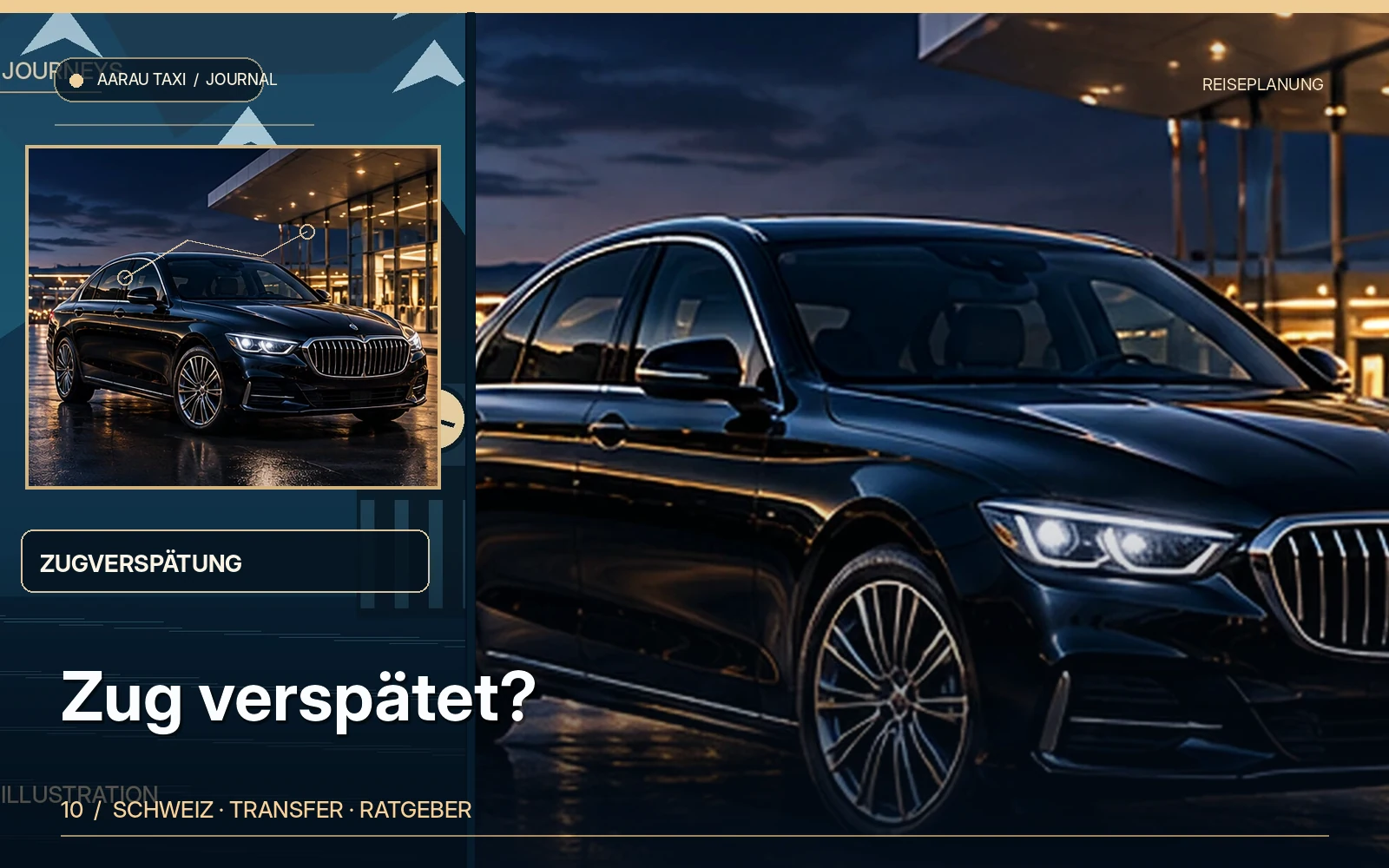 Redaktionelle Bildkomposition zum Thema Zug verspätet? Taxi-Abholung in Olten & Aarau ändern; illustrative Motive, keine Abbildung einer bestätigten Fahrzeugflotte oder Fahrt.