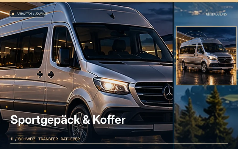 Redaktionelle Bildkomposition zum Thema Sportgepäck & grosse Koffer im Transfer Aarau–Olten; illustrative Motive, keine Abbildung einer bestätigten Fahrzeugflotte oder Fahrt.
