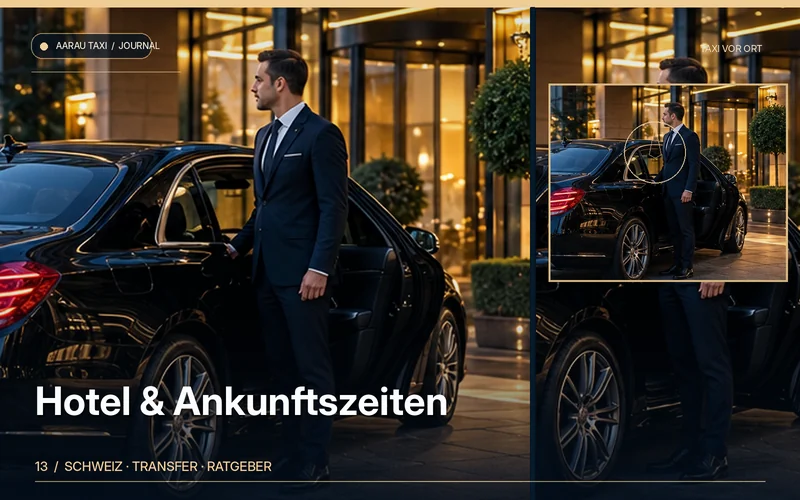 Redaktionelle Bildkomposition zum Thema Hoteltransfer Aarau & Olten: mehrere Ankünfte planen; illustrative Motive, keine Abbildung einer bestätigten Fahrzeugflotte oder Fahrt.