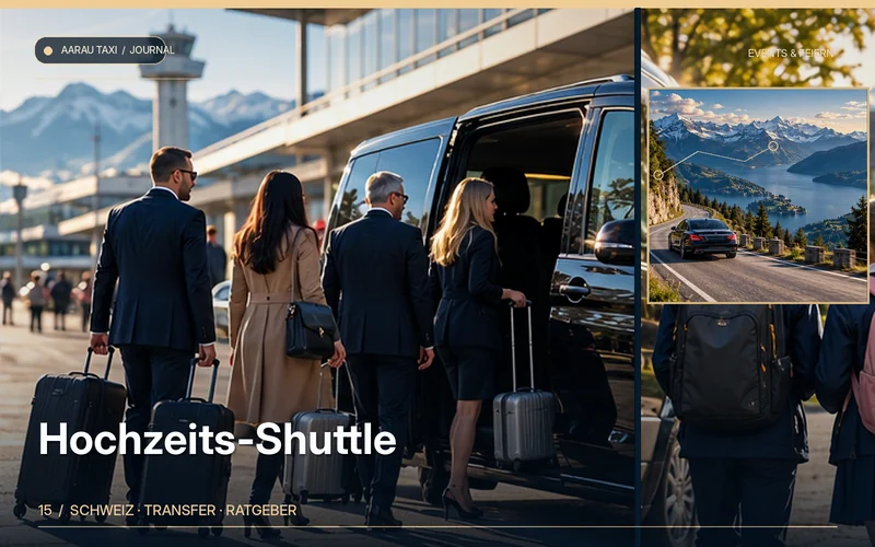 Redaktionelle Bildkomposition zum Thema Hochzeits-Shuttle Aarau & Olten: Gäste sicher planen; illustrative Motive, keine Abbildung einer bestätigten Fahrzeugflotte oder Fahrt.