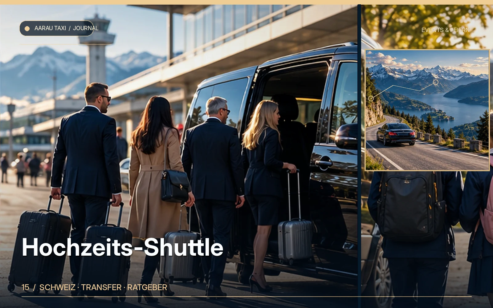 Redaktionelle Bildkomposition zum Thema Hochzeits-Shuttle Aarau & Olten: Gäste sicher planen; illustrative Motive, keine Abbildung einer bestätigten Fahrzeugflotte oder Fahrt.
