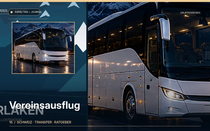 Redaktionelle Bildkomposition zum Thema Vereinsausflug ab Aarau & Olten: Transport-Checkliste; illustrative Motive, keine Abbildung einer bestätigten Fahrzeugflotte oder Fahrt.