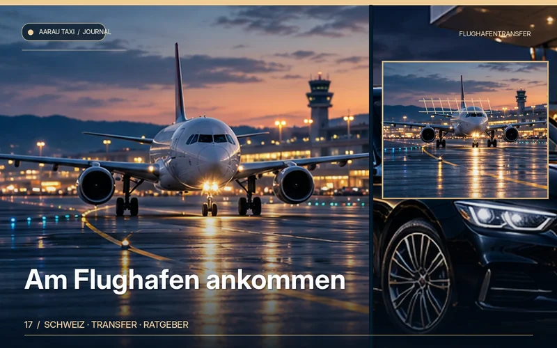 Redaktionelle Bildkomposition zum Thema Flughafen Zürich: Ankunft & Abholung nach Aarau–Olten; illustrative Motive, keine Abbildung einer bestätigten Fahrzeugflotte oder Fahrt.