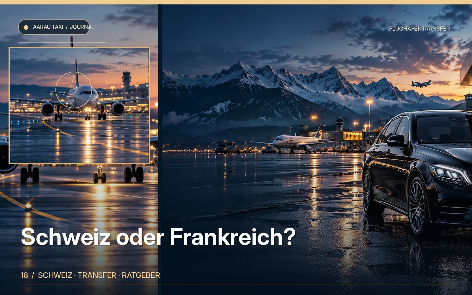 Redaktionelle Bildkomposition zum Thema EuroAirport Basel: Schweizer oder französischer Ausgang?; illustrative Motive, keine Abbildung einer bestätigten Fahrzeugflotte oder Fahrt.