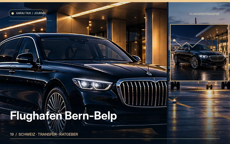 Redaktionelle Bildkomposition zum Thema Flughafen Bern-Belp ab Aarau & Olten: Transfer planen; illustrative Motive, keine Abbildung einer bestätigten Fahrzeugflotte oder Fahrt.