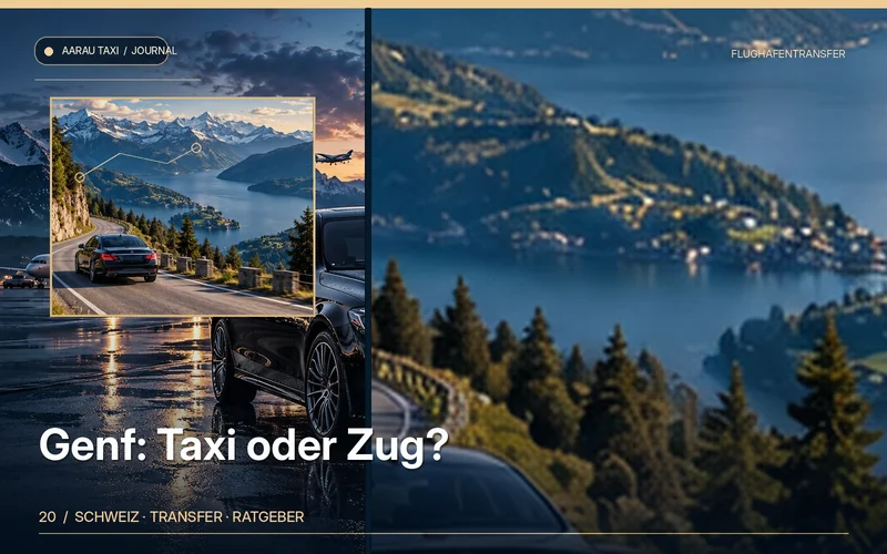 Redaktionelle Bildkomposition zum Thema Flughafen Genf ab Aarau & Olten: Taxi oder Bahn?; illustrative Motive, keine Abbildung einer bestätigten Fahrzeugflotte oder Fahrt.