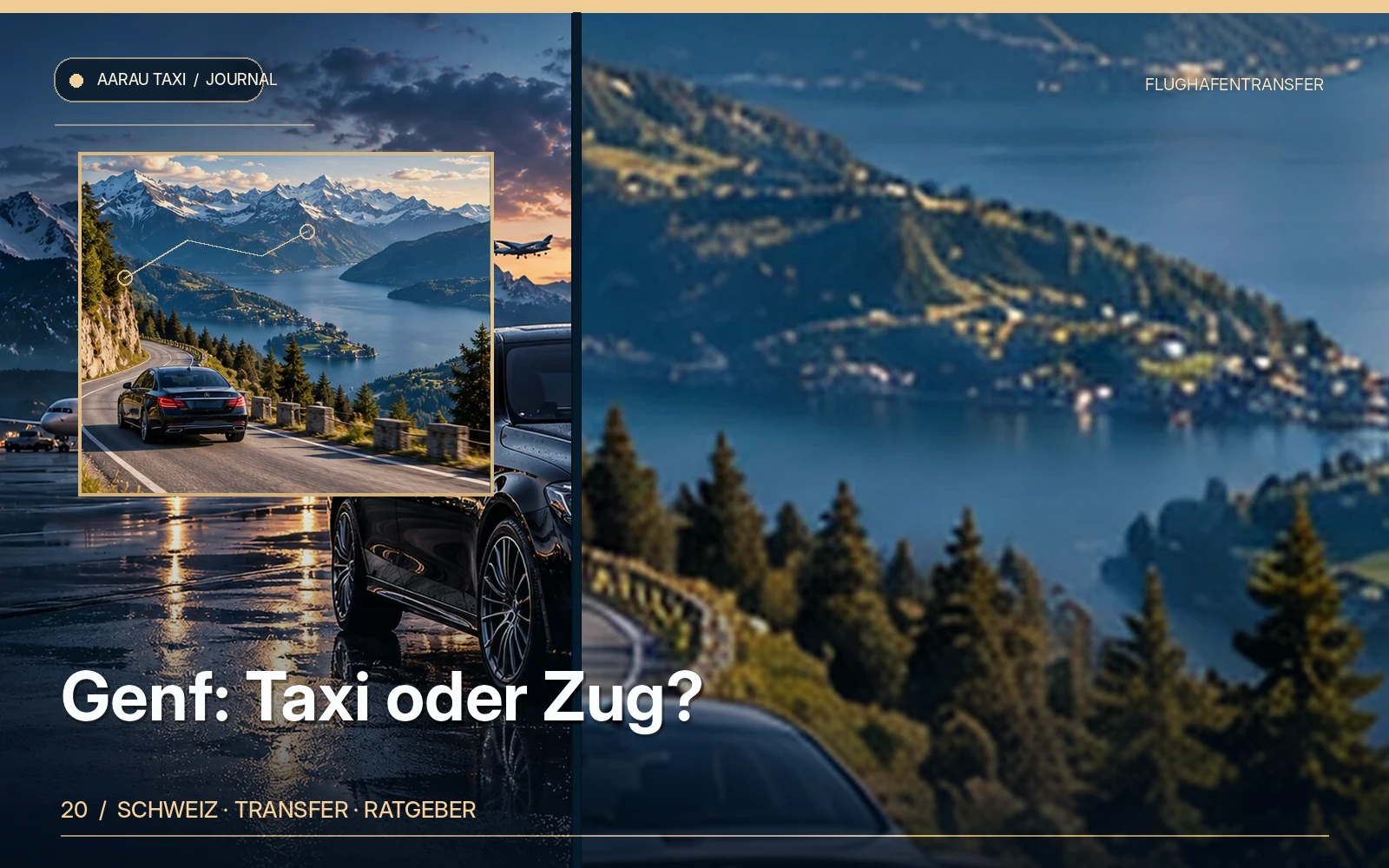 Redaktionelle Bildkomposition zum Thema Flughafen Genf ab Aarau & Olten: Taxi oder Bahn?; illustrative Motive, keine Abbildung einer bestätigten Fahrzeugflotte oder Fahrt.