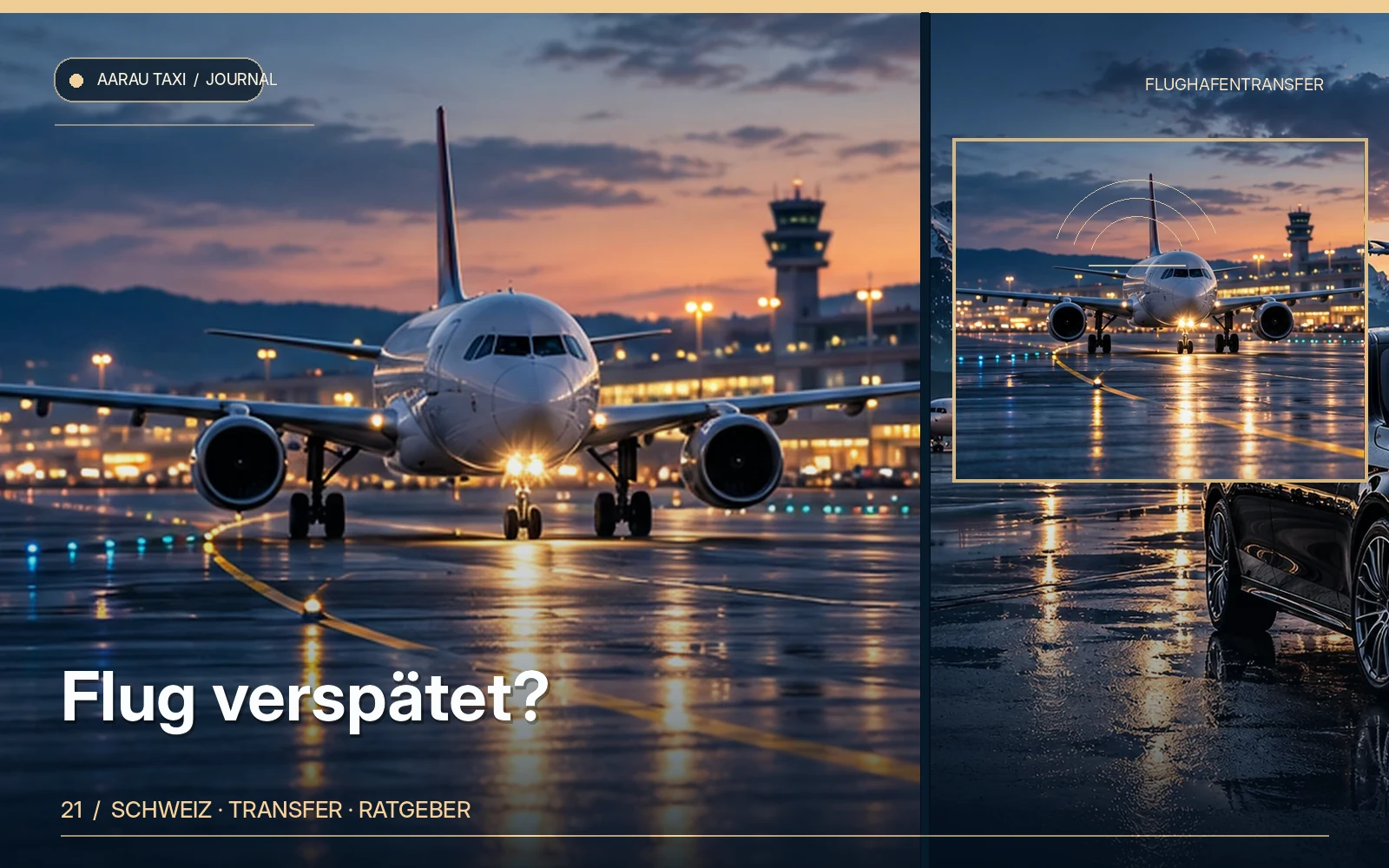 Redaktionelle Bildkomposition zum Thema Flug verspätet: Taxi-Abholung nach Aarau und Olten neu planen; illustrative Motive, keine Abbildung einer bestätigten Fahrzeugflotte oder Fahrt.