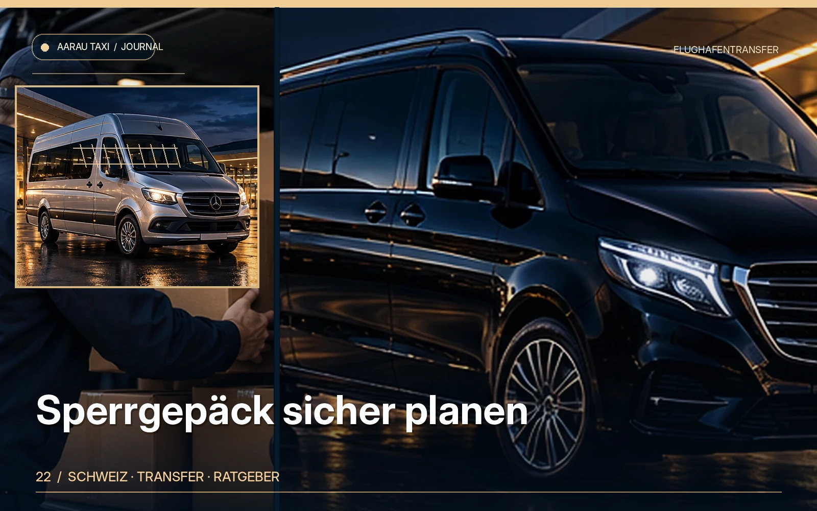 Redaktionelle Bildkomposition zum Thema Sperrgepäck beim Flughafentransfer ab Aarau & Olten; illustrative Motive, keine Abbildung einer bestätigten Fahrzeugflotte oder Fahrt.