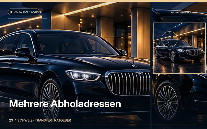 Redaktionelle Bildkomposition zum Thema Mit mehreren Abholadressen zum Flughafen: Aarau–Olten richtig planen; illustrative Motive, keine Abbildung einer bestätigten Fahrzeugflotte oder Fahrt.