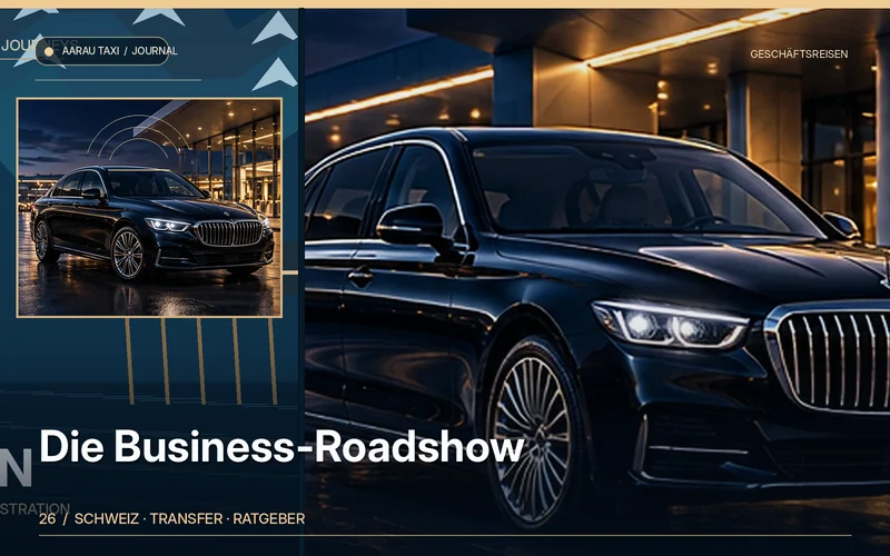 Redaktionelle Bildkomposition zum Thema Business-Roadshow: mehrere Termine ab Aarau & Olten planen; illustrative Motive, keine Abbildung einer bestätigten Fahrzeugflotte oder Fahrt.