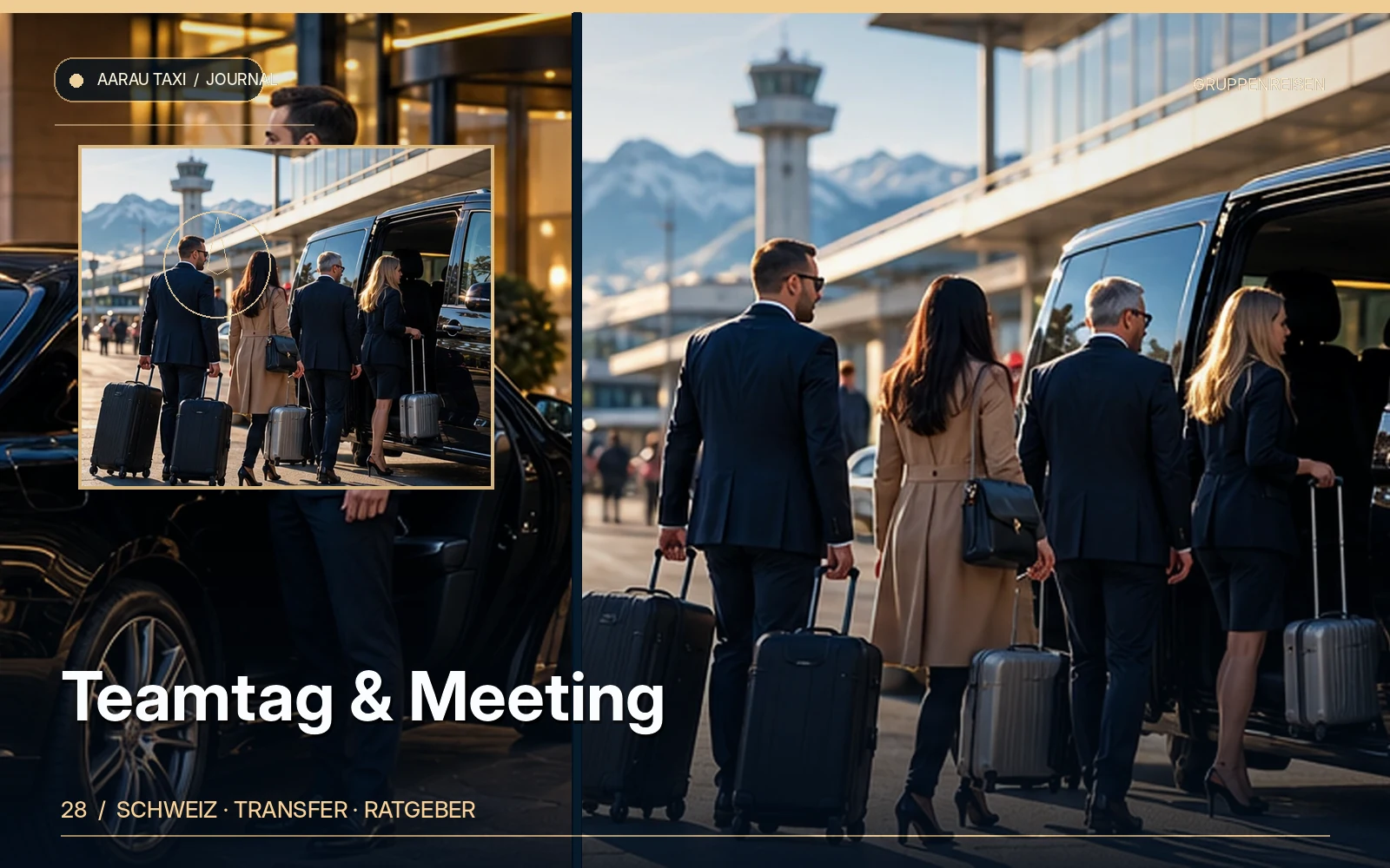 Redaktionelle Bildkomposition zum Thema Teamtag & Meeting: Shuttle in Aarau und Olten planen; illustrative Motive, keine Abbildung einer bestätigten Fahrzeugflotte oder Fahrt.