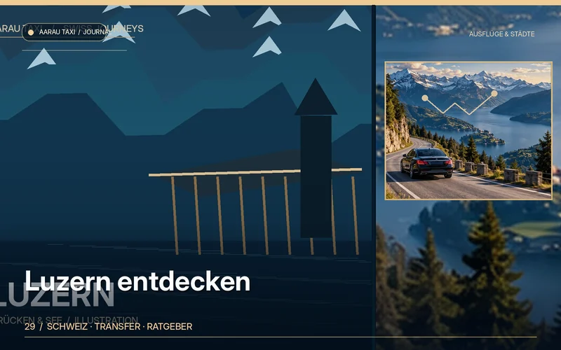 Redaktionelle Bildkomposition zum Thema Luzern als Tagesausflug ab Aarau & Olten planen; illustrative Motive, keine Abbildung einer bestätigten Fahrzeugflotte oder Fahrt.