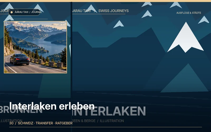 Redaktionelle Bildkomposition zum Thema Interlaken & Berner Oberland: Tagesausflug ab Aarau–Olten; illustrative Motive, keine Abbildung einer bestätigten Fahrzeugflotte oder Fahrt.