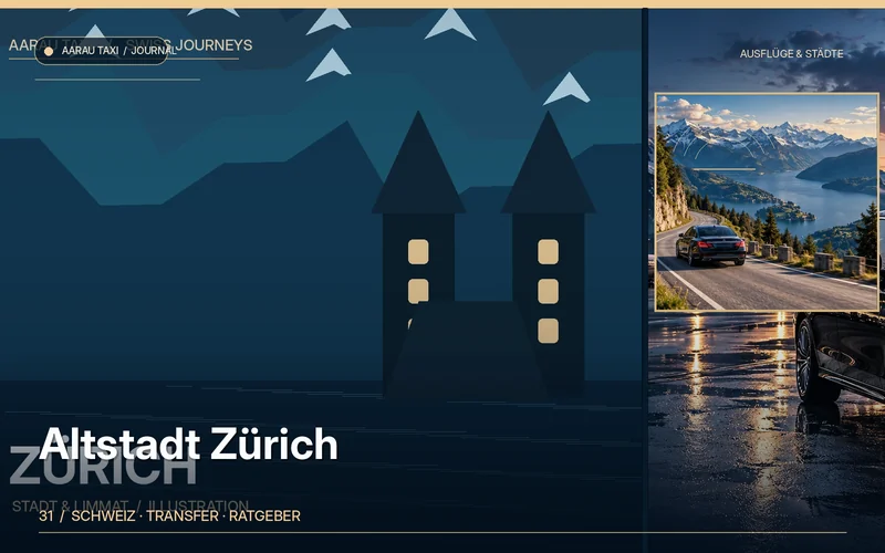 Redaktionelle Bildkomposition zum Thema Zürich Altstadt: Tagesausflug ab Aarau und Olten planen; illustrative Motive, keine Abbildung einer bestätigten Fahrzeugflotte oder Fahrt.