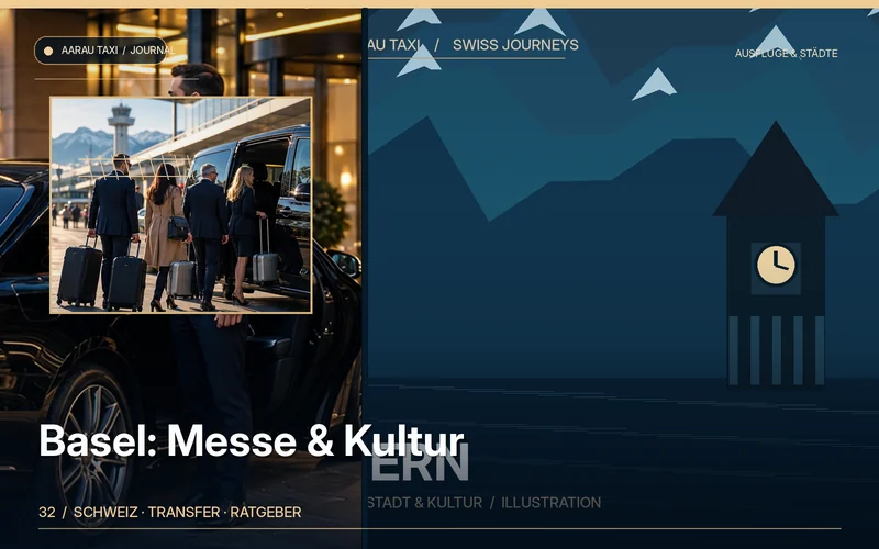 Redaktionelle Bildkomposition zum Thema Basel Kultur & Messe: Transfer ab Aarau oder Olten planen; illustrative Motive, keine Abbildung einer bestätigten Fahrzeugflotte oder Fahrt.