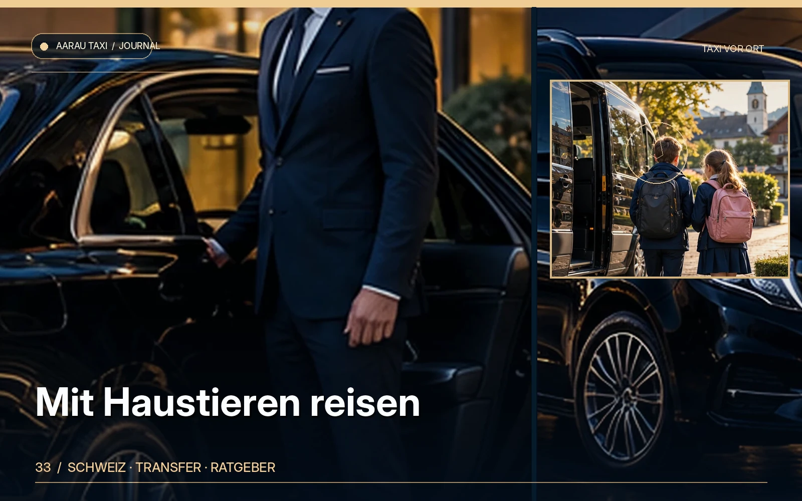 Redaktionelle Bildkomposition zum Thema Mit Hund oder Katze im Taxi: Aarau & Olten richtig planen; illustrative Motive, keine Abbildung einer bestätigten Fahrzeugflotte oder Fahrt.