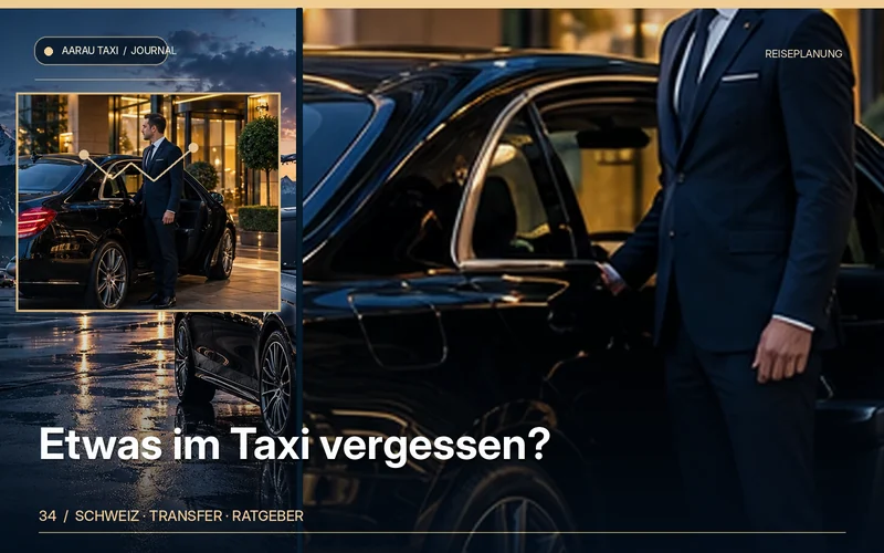 Redaktionelle Bildkomposition zum Thema Gegenstand im Taxi vergessen? Hilfe für Aarau & Olten; illustrative Motive, keine Abbildung einer bestätigten Fahrzeugflotte oder Fahrt.