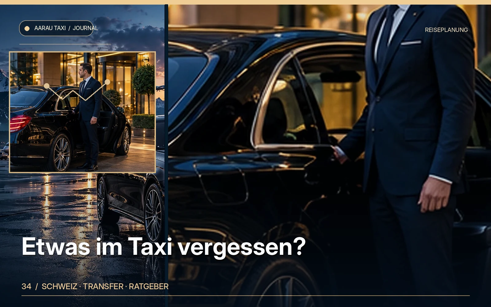 Redaktionelle Bildkomposition zum Thema Gegenstand im Taxi vergessen? Hilfe für Aarau & Olten; illustrative Motive, keine Abbildung einer bestätigten Fahrzeugflotte oder Fahrt.