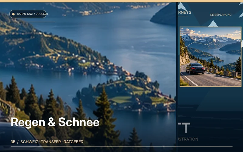Redaktionelle Bildkomposition zum Thema Taxi bei Regen und Schnee: Aarau–Olten sicher planen; illustrative Motive, keine Abbildung einer bestätigten Fahrzeugflotte oder Fahrt.
