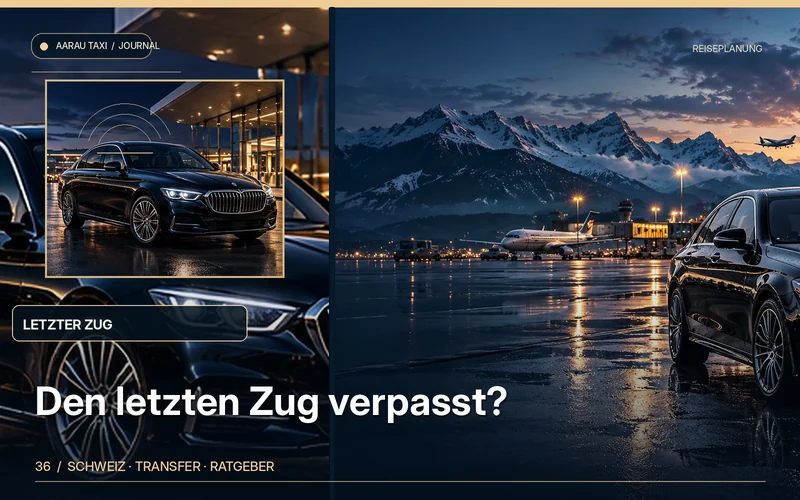 Redaktionelle Bildkomposition zum Thema Letzten Zug verpasst? Aarau–Olten nachts mobil bleiben; illustrative Motive, keine Abbildung einer bestätigten Fahrzeugflotte oder Fahrt.