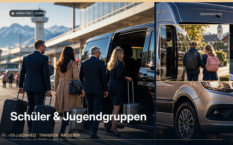 Redaktionelle Bildkomposition zum Thema Schüler- & Jugendgruppen-Transfer ab Aarau und Olten; illustrative Motive, keine Abbildung einer bestätigten Fahrzeugflotte oder Fahrt.