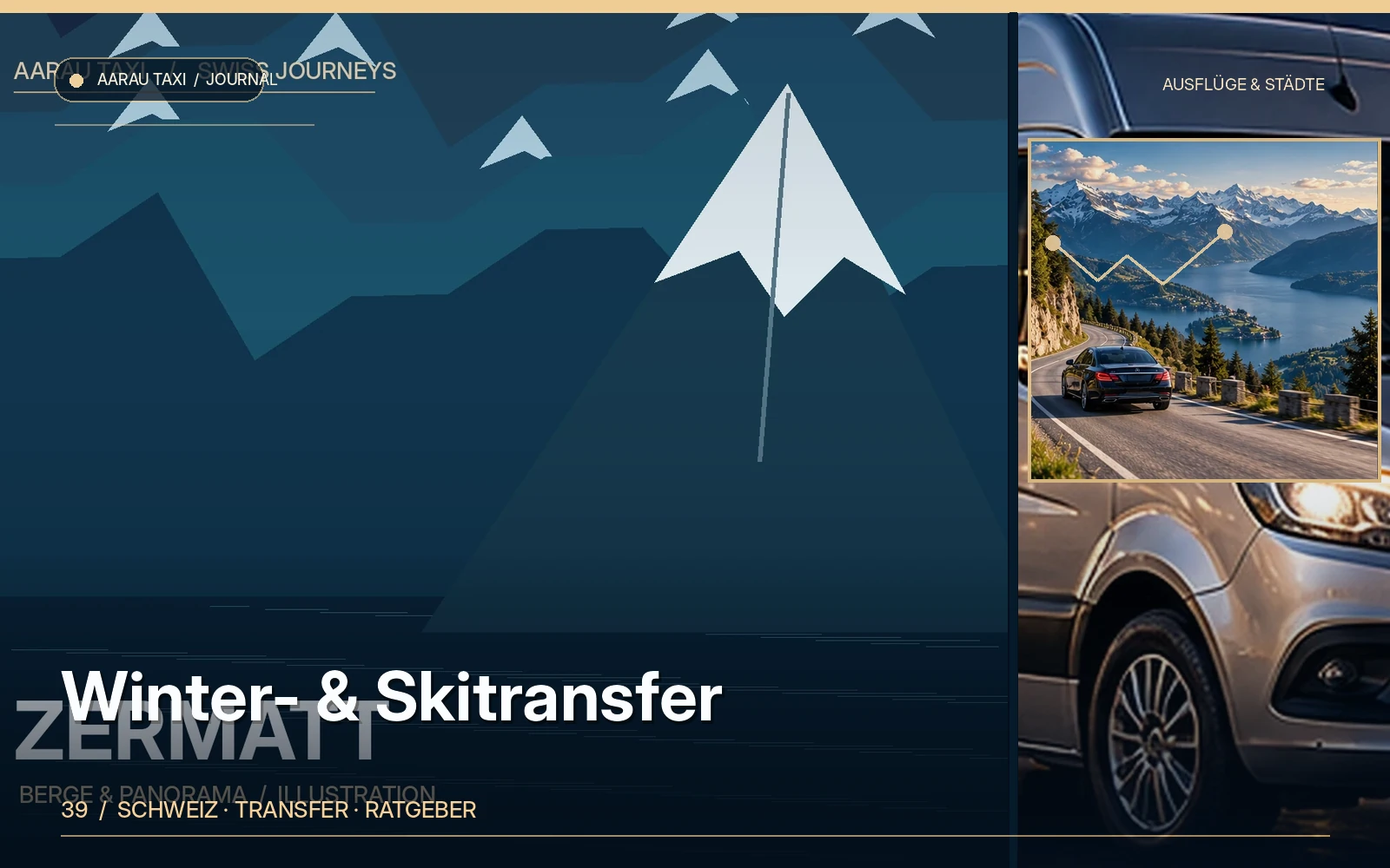 Redaktionelle Bildkomposition zum Thema Skitransfer ab Aarau & Olten: Wintersport richtig planen; illustrative Motive, keine Abbildung einer bestätigten Fahrzeugflotte oder Fahrt.