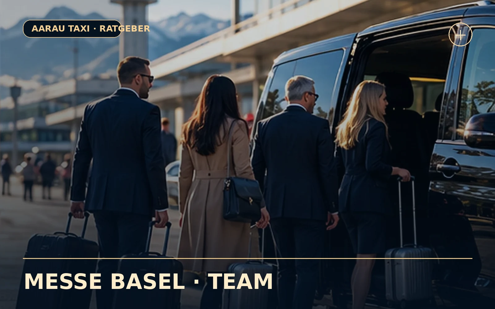 Redaktionelle, illustrative Bildkomposition zum Thema Messe Basel: Team-Shuttle mit mehreren Abholzeiten planen; keine zugesagte Fahrt oder authentische Ortsfotografie.