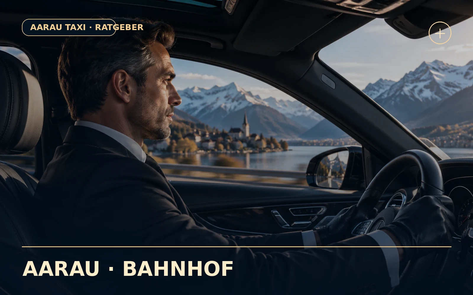 Redaktionelle, illustrative Bildkomposition zum Thema Bahnhof Aarau mit Rollkoffer: Treffpunkt für Taxi-Abholung; keine zugesagte Fahrt oder authentische Ortsfotografie.