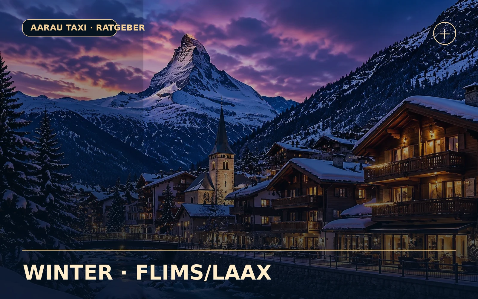 Redaktionelle, illustrative Bildkomposition zum Thema Wintertransfer Richtung Flims/Laax: Ski und Gepäck planen; keine zugesagte Fahrt oder authentische Ortsfotografie.